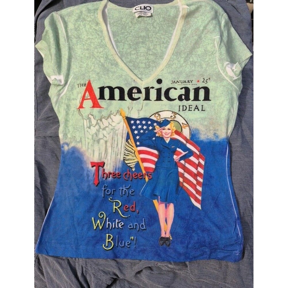 Ladies M America Red White Blue V Neck T Shirt Strechy Poly/Nylon MAGA